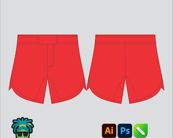 Maqueta de pantalones cortos de Muay Thai, paquete tecnológico editable 2D Mbl, plantilla vectorial de ropa urbana, corte ancho, archivos Adobe Illustrator, PNG, SVG, PDF y CDR.