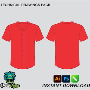 May include: Technical drawings pack for a red baseball jersey with a button-up front. The jersey is shown from the front and back. The image includes the text "INSTANT DOWNLOAD" and icons for Adobe Illustrator, Photoshop, and a pencil.