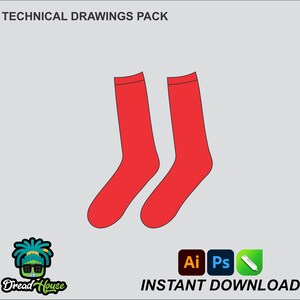 May include: A pair of red socks, shown in a technical drawing style. The socks are shown in a side view, with the top of the sock folded over. The image includes the text "TECHNICAL DRAWINGS PACK" and "INSTANT DOWNLOAD".