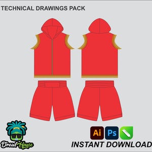 Puede incluir: Paquete de dibujos técnicos de un conjunto de chaleco con capucha y pantalones cortos rojos. El chaleco tiene cremallera y ribetes dorados. Los pantalones cortos tienen una cintura ancha. El texto "TECHNICAL DRAWINGS PACK" y "INSTANT DOWNLOAD" son visibles.