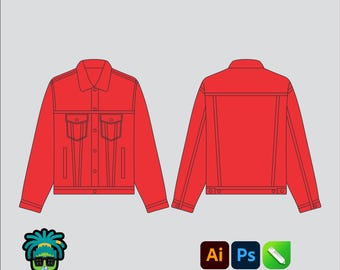 Denim Jacket Mock up Editable 2D Tech pack Streetwear Clothing Vector template Adobe Illustrator PNG, SVG, PDF, cdr Files