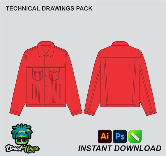 Denim Jacket Mock up Editable 2D Tech Pack Streetwear Clothing