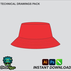 Bucket Hat Mock up Editable 2D Tech pack Streetwear Clothing Vector template Wide fit Adobe Illustrator, PNG, SVG, PDF, cdr Files