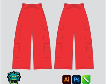 Wide legs Cargo Sweatpants Mock up Editable 2D Tech pack Streetwear Clothing Brand template Adobe Illustrator, PNG, SVG, PDF,cdr Files