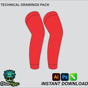 Puede incluir: Paquete de dibujos técnicos para un par de calentadores de brazos rojos. La imagen muestra una vista frontal de los calentadores de brazos. El texto "INSTANT DOWNLOAD" está en la parte inferior de la imagen.