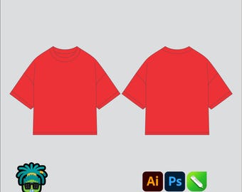 Quarter Sleeve Shirt Mock up Editable 2D Mbl Tech pack Streetwear Clothing Vector template Wide fit Adobe Illustrator, PNG, PDF, cdr Files