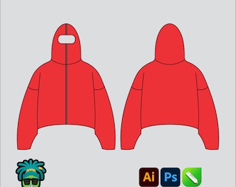 Maqueta de sudadera con cremallera completa, paquete tecnológico 2D editable, ropa urbana, plantilla vectorial, archivos PNG, SVG, PDF y CDR de Adobe Illustrator.