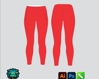 Legging pants Mock up Editable 2D Tech pack Streetwear Clothing Vector template Wide fit Adobe Illustrator, PNG, SVG, PDF, cdr Files