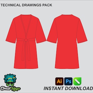 May include: Red robe technical drawing pack. The image shows front and back views of a red robe with a belt. The text at the top says "TECHNICAL DRAWINGS PACK". The bottom of the image has the text "INSTANT DOWNLOAD" and the logos for Adobe Illustrator, Photoshop, and a pen.