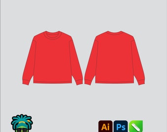 Maqueta de camiseta de manga larga, paquete tecnológico 2D editable, plantilla vectorial de ropa urbana, corte ancho, archivos Adobe Illustrator, PNG, SVG, PDF, cdr