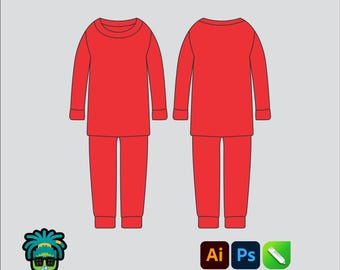 Sleep Suit Mock up Editable 2D Tech pack Streetwear Clothing Vector template Adobe Illustrator PNG, SVG, PDF, cdr Files