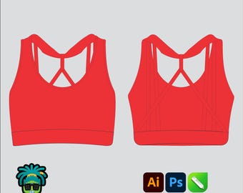 Cross Back Sports Bra Mock up Editable 2D Tech pack Streetwear Clothing Brand template Wide fit Adobe Illustrator, PNG, SVG, PDF,cdr Files