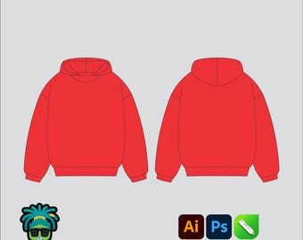 Boxing Hoodie Mock up Editable 2D Mbl Tech pack Streetwear Clothing Vector template Wide fit Adobe Illustrator, PNG, SVG, PDF ,cdr Files