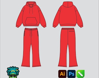 Maqueta de chándal de gran tamaño, paquete tecnológico 2D editable, plantilla vectorial de ropa urbana, corte ancho, archivos Adobe Illustrator, PNG, SVG, PDF, CDR