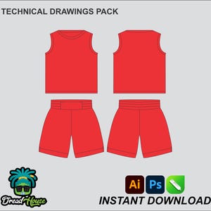 May include: Red athletic wear technical drawings pack. The image shows a sleeveless top and shorts, displayed from the front and back. The text "TECHNICAL DRAWINGS PACK" and "INSTANT DOWNLOAD" are visible. The Dread House logo is also present.