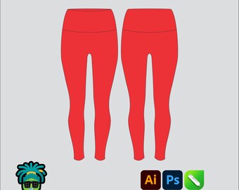 Seamless High Waisted Leggings Mock up Editable 2D Tech pack Streetwear Clothing Brand template Wide fit Ai, PNG, SVG, PDF,cdr Files