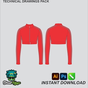 May include: Technical drawing of a red cropped jacket with long sleeves and a zipper closure. The drawing shows the front and back views of the jacket.