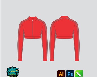 Long Sleeve Leather Crop Jacket Mock up Editable 2D Tech pack Streetwear Clothing Vector template Adobe Illustrator PNG, SVG, PDF, cdr Files