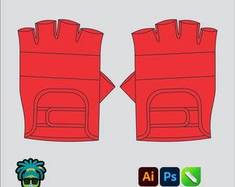 Workout Gloves Fingerless Mockup Editable 2D Tech pack Streetwear Clothing Brand template Wide fit Adobe Ilustrator, PNG, SVG, PDF,cdr Files