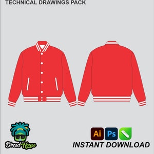 Op de afbeelding: Technische tekening van een rood varsity jack met witte strepen op de kraag, manchetten en zoom. Het jack heeft een knoopsluiting en twee zakken. De afbeelding bevat de tekst "INSTANT DOWNLOAD" en logo's voor Adobe Illustrator, Photoshop en een potlood.