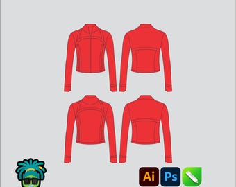 Maqueta de chaquetas de mujer LuLu, paquete tecnológico editable 2D Mbl, plantilla vectorial de ropa urbana, corte ancho, archivos Adobe Illustrator, PNG, SVG, PDF, CDR
