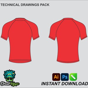 Könnte beinhalten: Technisches Zeichnungspaket für ein rotes T-Shirt mit kurzen Ärmeln. Vorder- und Rückansicht des Shirts. Der Text "TECHNICAL DRAWINGS PACK" und "INSTANT DOWNLOAD" sind sichtbar. Das Dread House Logo ist ebenfalls vorhanden.