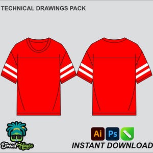 May include: Technical drawing template for a red t-shirt with white stripes on the sleeves. The template is for use in Adobe Illustrator, Photoshop, and other design programs.  "INSTANT DOWNLOAD" is written at the bottom of the image.