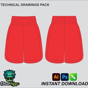 Peut inclure: Dessin technique d'un short de boxe rouge. Le short a une large ceinture et un ourlet incurvé. L'image comprend le texte "TECHNICAL DRAWINGS PACK" et "INSTANT DOWNLOAD". Le logo Dread House est également présent.