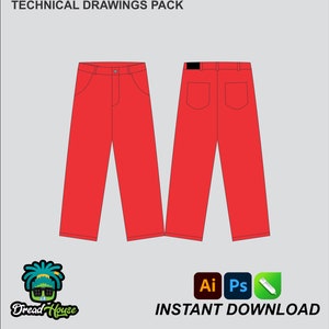 May include: Technical drawings pack of red pants with front and back views. The pants have a zipper fly, belt loops, and two pockets on the front and back. The image includes the text "Technical Drawings Pack" and "Instant Download".