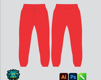 Joggers Mock up Editable 2D Tech pack Streetwear Clothing Vector template athletic training workout Wide fit Adobe Illustrator, PNG, SVG, PD