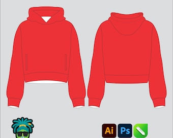 Ladies Pullover Croptop Hoodie Mock up Editable 2D Tech pack Streetwear Clothing Brand template Adobe Illustrator, PNG, SVG, PDF,cdr Files