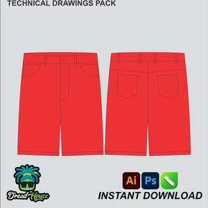 Puede incluir: Plantilla de dibujo técnico de pantalones cortos rojos con vistas frontal y posterior. La plantilla incluye detalles como bolsillos y costuras. La imagen incluye el texto "TECHNICAL DRAWINGS PACK" y "INSTANT DOWNLOAD".