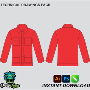 May include: Technical drawings pack of a red long-sleeved shirt with a button-up front and two pockets on the chest. The shirt is shown in front and back views.