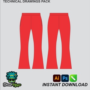 May include: Technical drawings pack of red flared trousers. The image shows two views of the trousers, a front view and a side view. The trousers have a waistband, two pockets, and a flared leg.