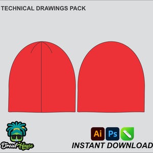 Peut inclure: Pack de dessins techniques pour un bonnet rouge. Le pack comprend deux vues du bonnet, une de face et une de profil. Le texte "INSTANT DOWNLOAD" est inclus dans l'image.