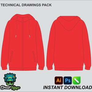 Puede incluir: Paquete de dibujos técnicos de una sudadera con capucha roja con cremallera. Se muestran las vistas frontal y posterior de la sudadera. El texto "INSTANT DOWNLOAD" está en la parte inferior de la imagen.