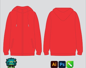Full Zip up Performance Hoodie Mock up Editable 2D Tech pack Streetwear Clothing Brand template Adobe Illustrator, PNG, SVG, PDF,cdr Files