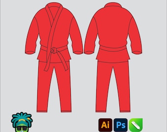 Jiu-jitsu uniform Mock up Editable 2D Tech pack Martial Arts Clothing Brand template Wide Fit Adobe Illustrator, PNG, SVG, PDF cdr Files