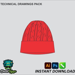 May include: A red knitted beanie hat with a cable knit pattern. The hat has a folded brim. The image includes the text "TECHNICAL DRAWINGS PACK" and "INSTANT DOWNLOAD".