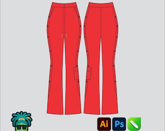 Ladies Flare Pant Mock up Editable 2D Tech pack Streetwear Clothing Vector template Adobe Illustrator PNG, SVG, PDF, cdr Files