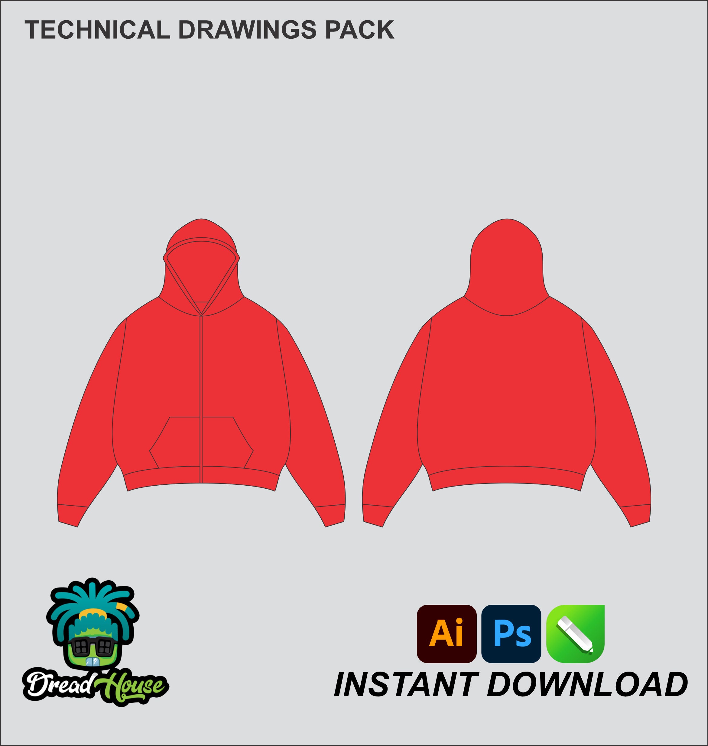 Oversized Hoodie Mock up Editable 2D Tech Pack Streetwear Clothing