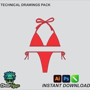 Puede incluir: Paquete de dibujos técnicos de un top y una parte inferior de bikini rojos. El top del bikini tiene un estilo halter con un lazo en la parte posterior del cuello. La parte inferior del bikini tiene una cintura baja y se ata a los lados.