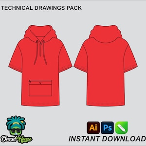 May include: Technical drawings pack for a red short-sleeved hoodie with a pocket and a zipper. The hoodie has a hood with a drawstring. The image includes the text "INSTANT DOWNLOAD" and icons for Adobe Illustrator, Photoshop, and a pen.