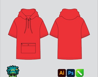 Short Sleeve Hoodie Mock up Editable 2D Tech pack Streetwear Clothing Vector template Adobe Illustrator PNG, SVG, PDF, cdr Files