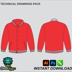 May include: Technical drawing template of a red varsity jacket with white stripes on the collar and cuffs. The jacket has a button closure and two pockets. The image includes the text "Technical Drawings Pack" and "Instant Download".