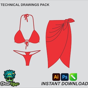 Puede incluir: Paquete de dibujos técnicos de un top y una parte inferior de bikini rojo con un pareo rojo a juego. El top del bikini es de estilo halter y la parte inferior es de estilo de corte alto. El pareo es de estilo envolvente con un nudo en la cintura.