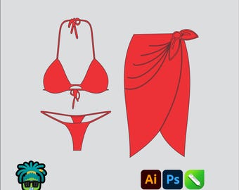 3pc Bikini Set Mock up Editable 2D Tech pack Streetwear Clothing Vector template Adobe Illustrator PNG, SVG, PDF, cdr Files