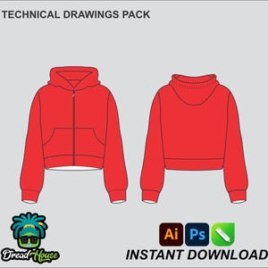 Könnte beinhalten: Technische Zeichnungsvorlage für einen roten, verkürzten Hoodie mit Reißverschluss. Die Zeichnung zeigt die Vorder- und Rückseite des Hoodies.