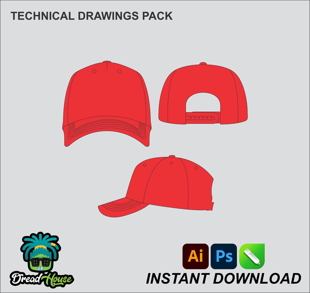 Snapback Cap Curved Brim Hat Mock up Editable 2D Tech Pack