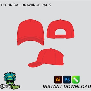 May include: Three different views of a red baseball cap. The cap has a curved brim and a flat top. The cap is shown from the front, side, and back.